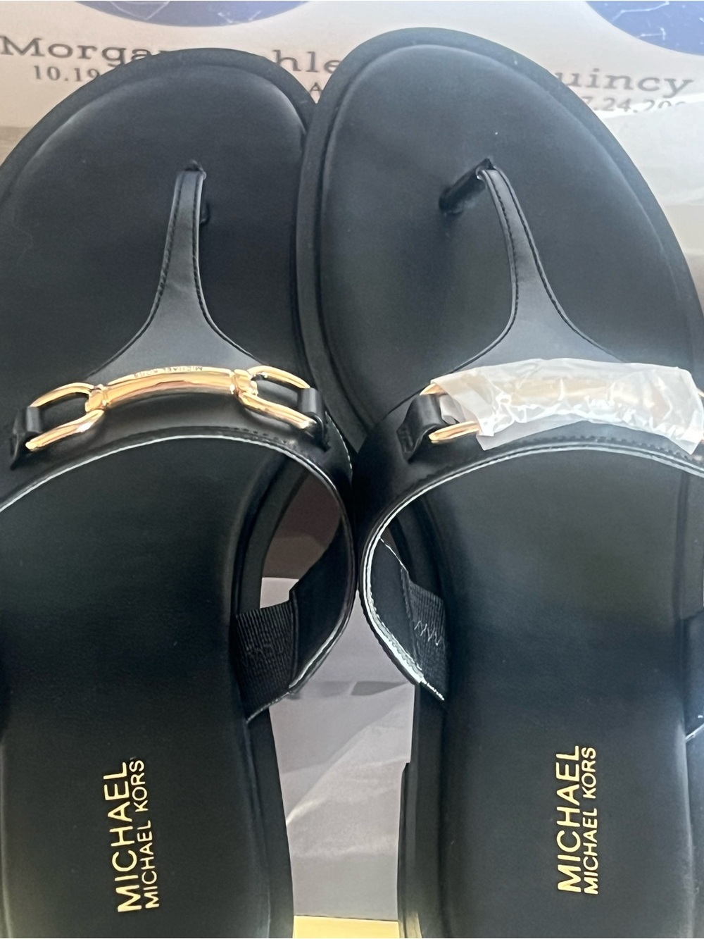 Michael Kors CARSON Black Leather Thong Sandals with Horsebit Gold Buckle Accent